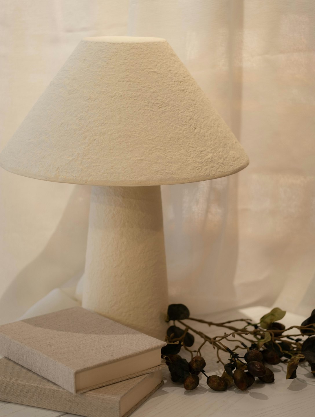 A table lamp, stacked books, and a dried branch on wood.